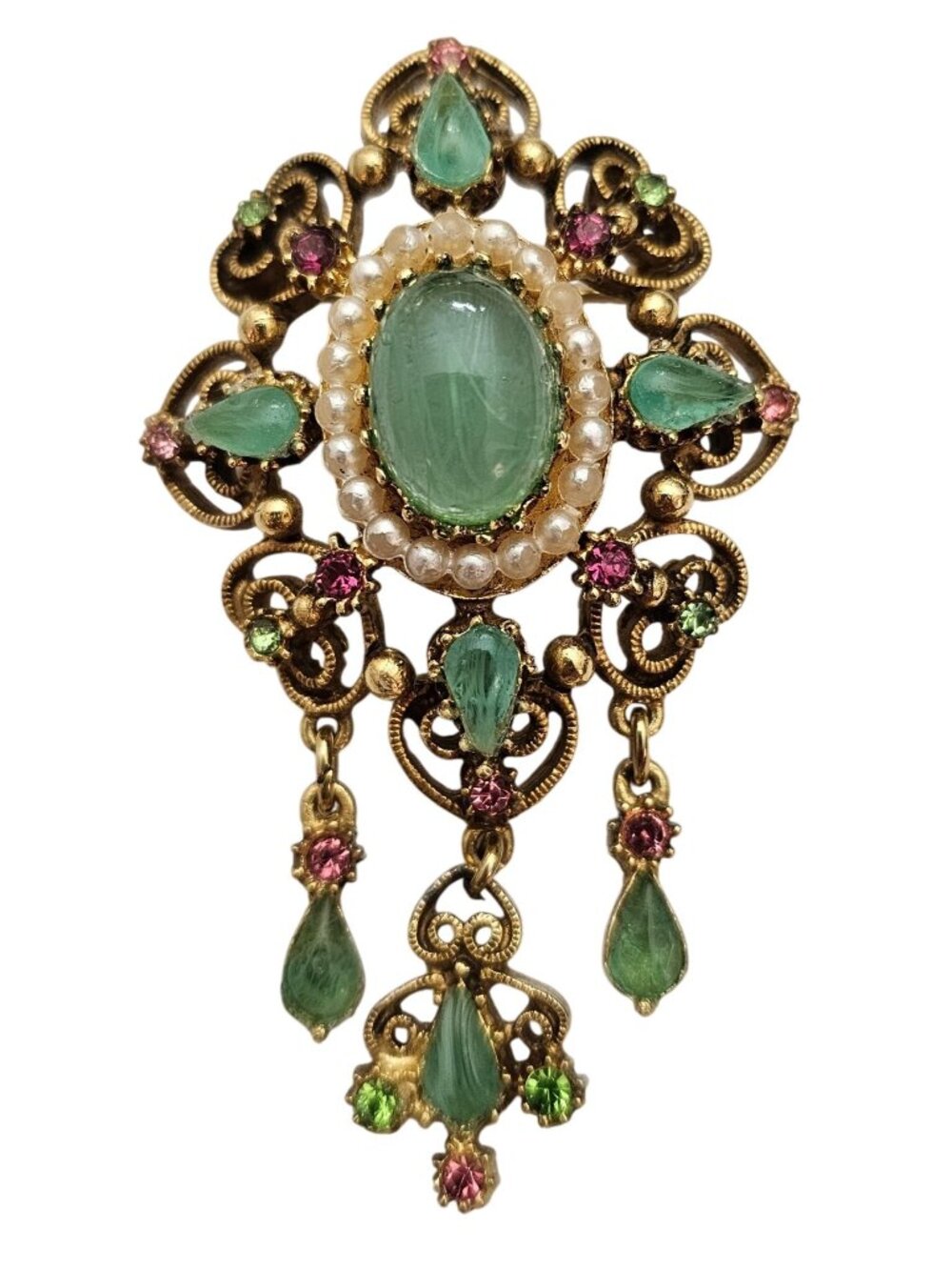 Florenza Brooch Green Flawed Glass Pink Rhinestone Dangle Pin Signed J764